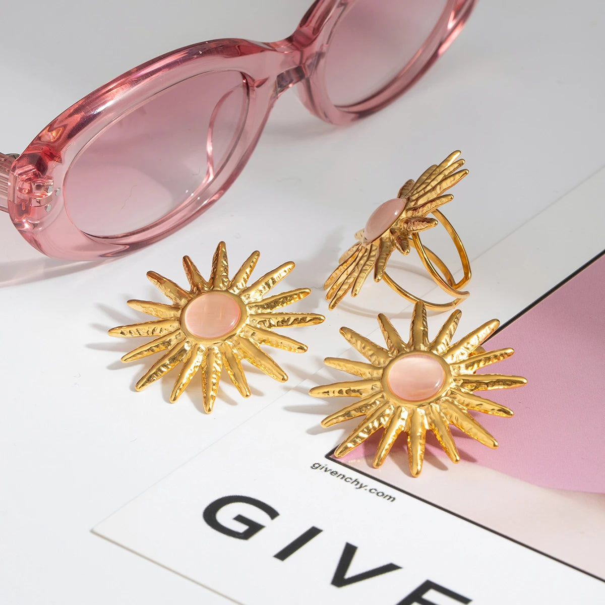 18k Gold Plated Stainless Steel Sun Pattern Cat Eye Stone Earrings Ring Women Anti Allergic Rust Proof Stylish Jewelry