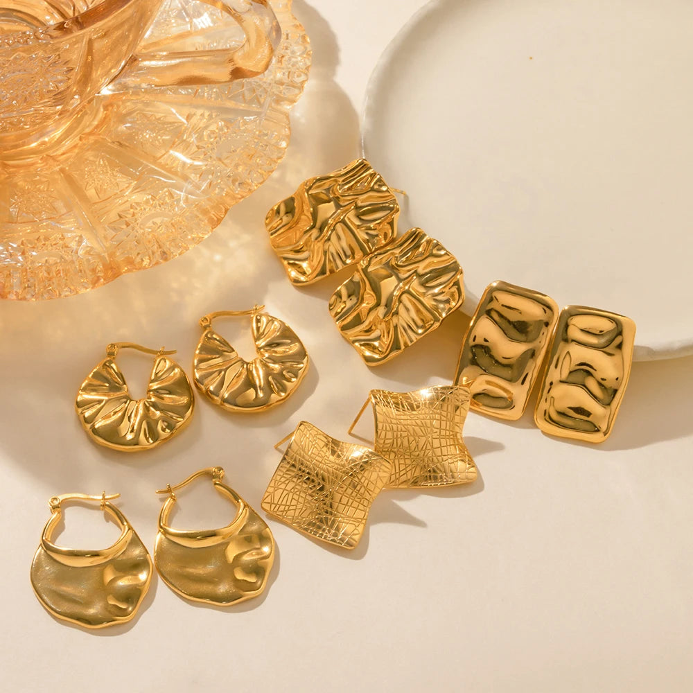 Rustfrit stål pletlagt Chunky 18K forgyldt udsøgt geometrisk hammer kornmønster øreringe kvinder ørepletter gratis smykker
