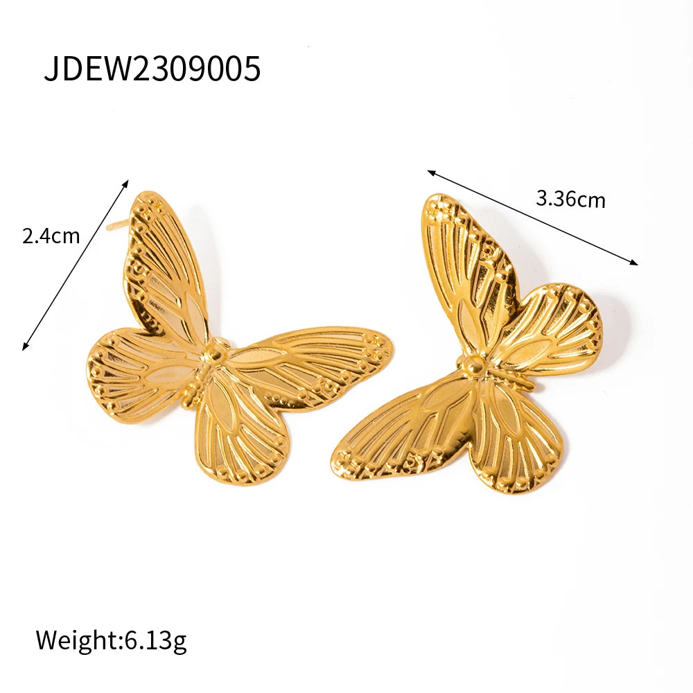 18K Gold Plated Stainless Steel Minimalist Retro Tarnish-proof Butterfly Textured Stud Earrings Unique Women Metal Ear Jewelry