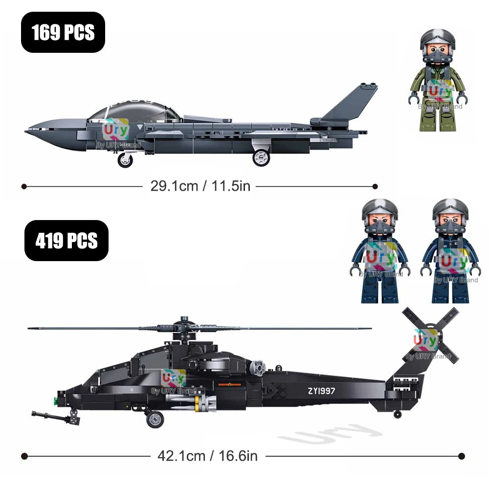 Sluban Military Series WW2 WZ-10S Armed Helicopter J20BS Stealth Fighter Jet Pilots Model Building Blocks Toy for Boy Kids Gift