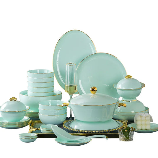 Jingdezhen Light Luxury Bone Porcelain Hand-painted Gold Border Bowl Plate Combination, Celadon Tableware Set for Household Use