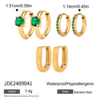 18k Stainless Steel Vintage Green Zircon Ear Clip Hoop Earrings 3 Pairs In One Card Women Statement Charm Rust Proof Jewelry