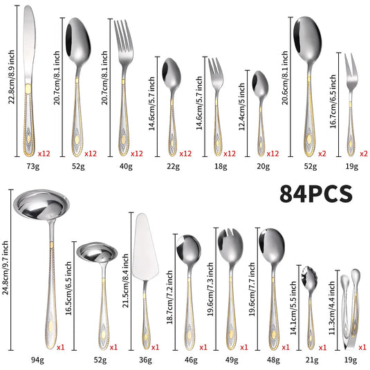 Servicesæt med 72 dele, forgyldt rustfri stålkniv, gaffel, ske, gaveæske, trææske