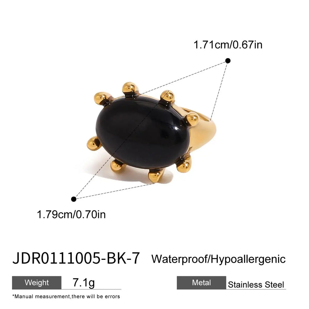 Exquisite 18k Gold Plated Stainless Steel Vintage Exaggerated Inlaid Green Agate Ring Size 7 Women Trendy Charm Chic Jewelry