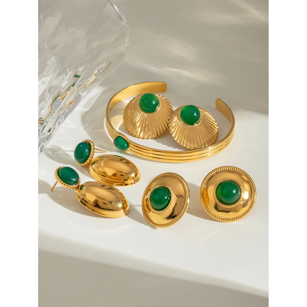 Stainless Steel 18K Vintage Round Green Agate Set Pendant Earrings Open Bangle Rust-proof Attractive Jewelry Accessories