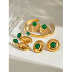 Stainless Steel 18K Vintage Round Green Agate Set Pendant Earrings Open Bangle Rust-proof Attractive Jewelry Accessories