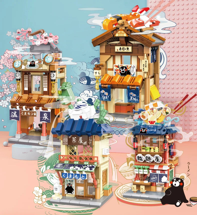 Mini City Street View Noodle Shop Building Blocks 4 in 1 Japanese Architecture Hot Spring House Toy Bricks Friends Children Gift