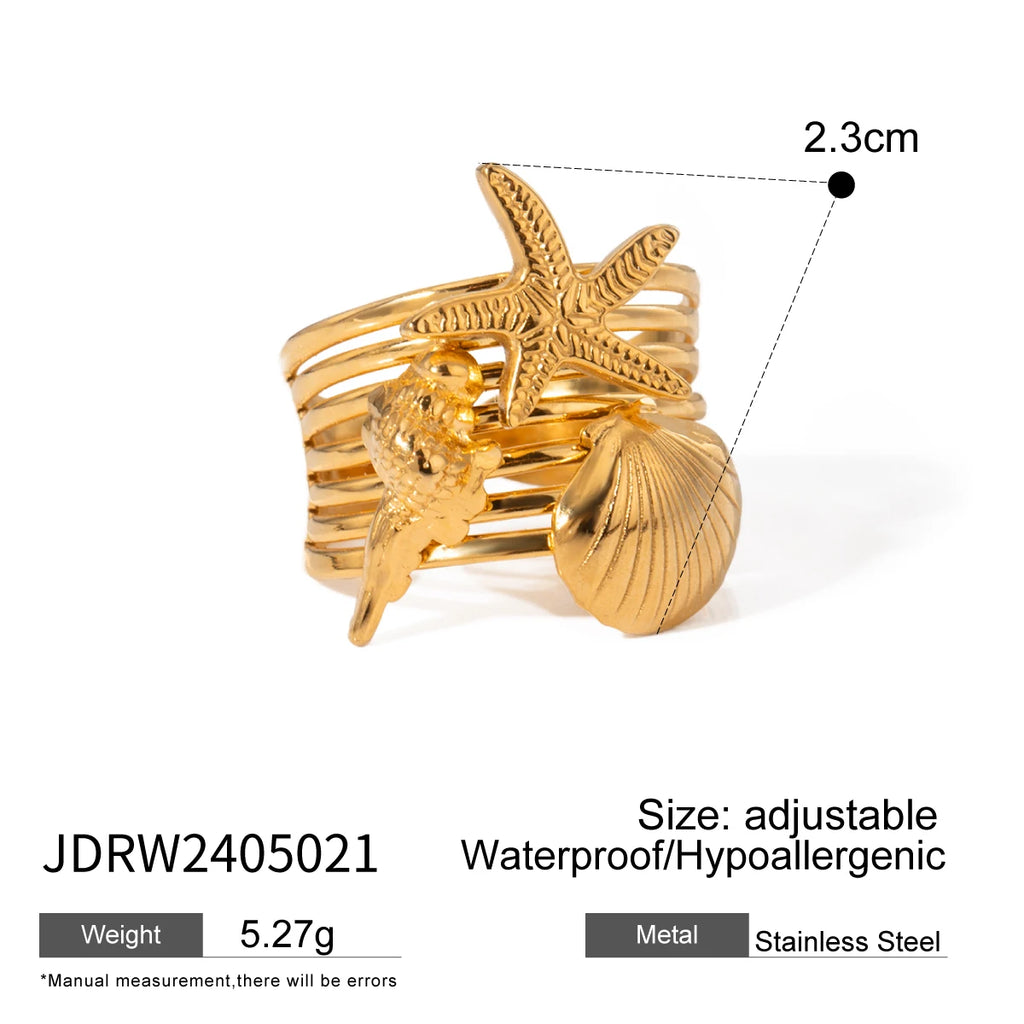 18k vergoldeter, stilvoller, einzigartiger, einfacher Seestern-Muschel-Öffnungsring aus Edelstahl für Frauen, antiallergisch, wasserdicht, Schmuck