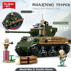 SLUBAN World War II 2 Military USA Abrams M1A2 Battle Tank Chariot Building Blocks Army Classic Accessories Model Kids Gift Toys
