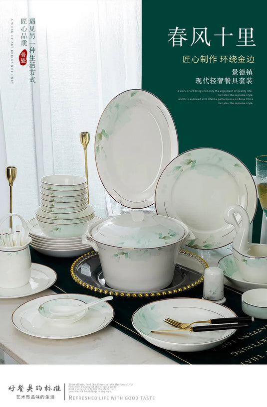 Jingdezhen Bone Porcelain Bowl and Plate Set, Ceramic Tableware Bowl and Chopstick Set