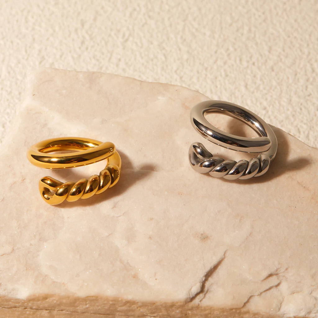 18k vergoldeter Damenring aus Edelstahl mit Metallknoten, offenem Geflecht, Statement-Textur, klobigen Ohrringen, Partygeschenk