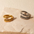 18k vergoldeter Damenring aus Edelstahl mit Metallknoten, offenem Geflecht, Statement-Textur, klobigen Ohrringen, Partygeschenk