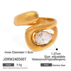 18K Gold Plated Stainless Steel Big Opening Ring Inlay Water Drop Shaped Zircon Anti Allergic Metal Statement Jewelry Women