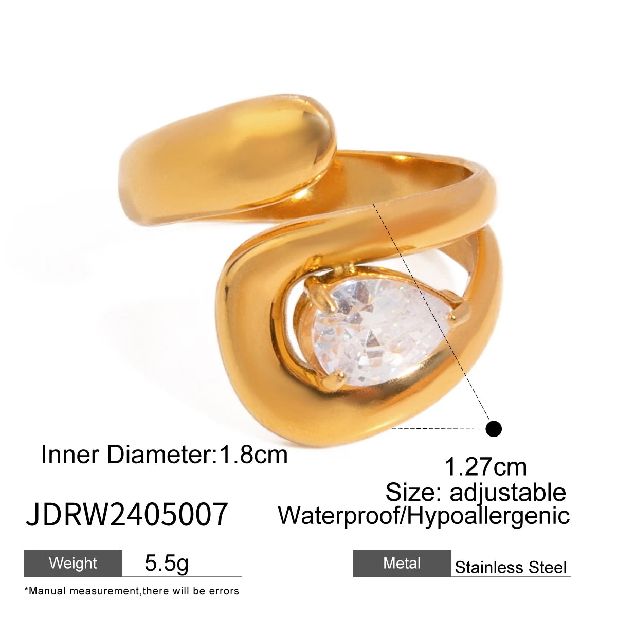 18K Gold Plated Stainless Steel Big Opening Ring Inlay Water Drop Shaped Zircon Anti Allergic Metal Statement Jewelry Women