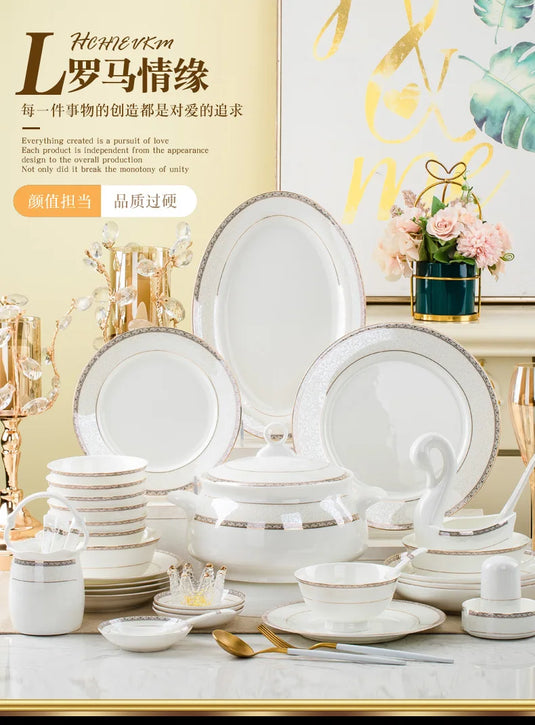 Vaisselle en porcelaine à 56 têtes avec bordure dorée simple de style européen Jingdezhen, combinaison de bol et d'assiette en céramique