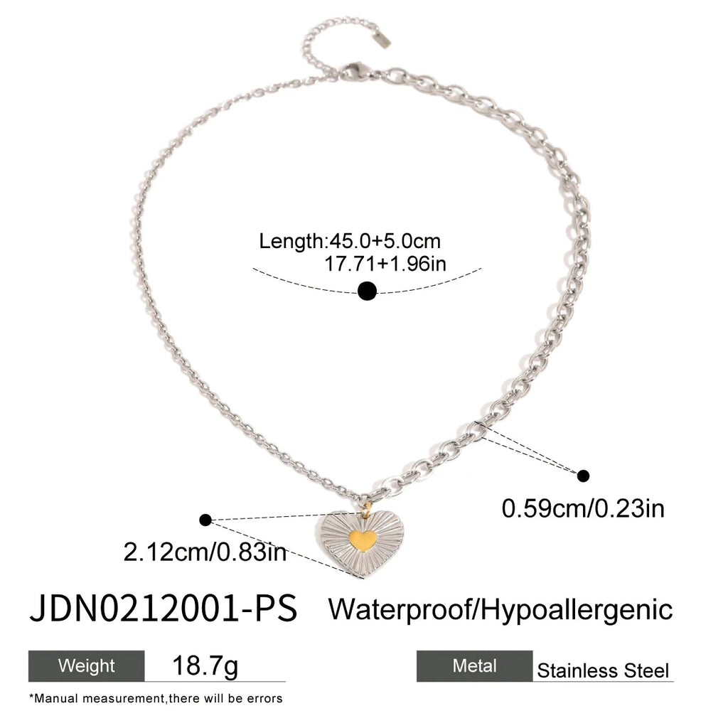 Colar e Brincos Femininos de Coração de Amor com Costura Dourada, Cor Prata e Dourada, em Aço Inoxidável Banhado a Ouro 18k, Anti-alérgicos