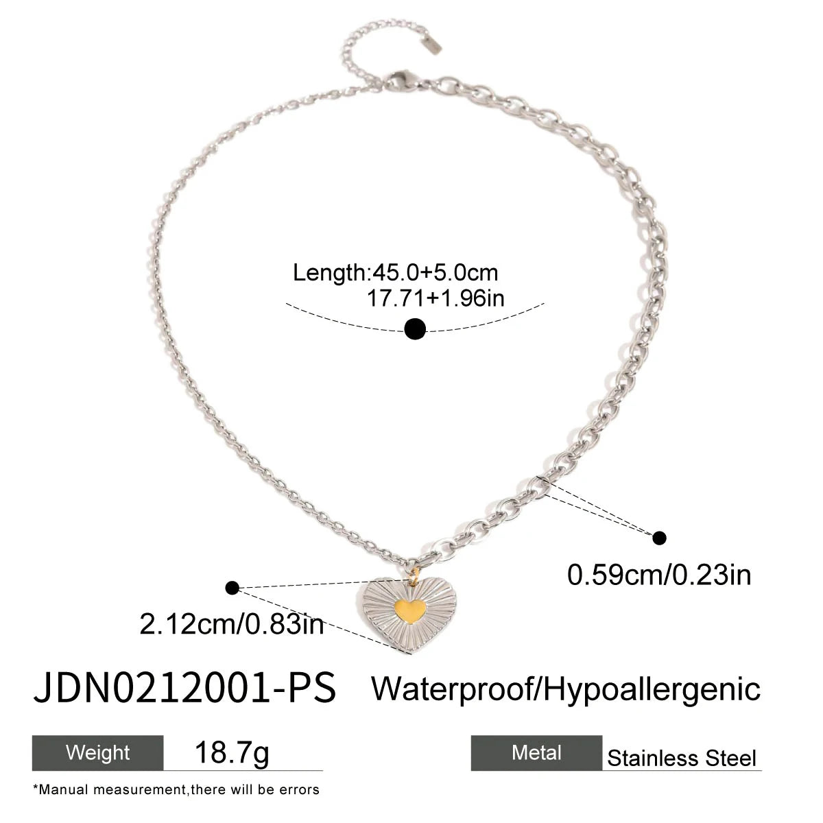 18k forgyldt rustfrit stål Guld Sølv Farve Matchende Ribbet Love Heart Halskæde Øreringe Anti-allergiske smykker til kvinder