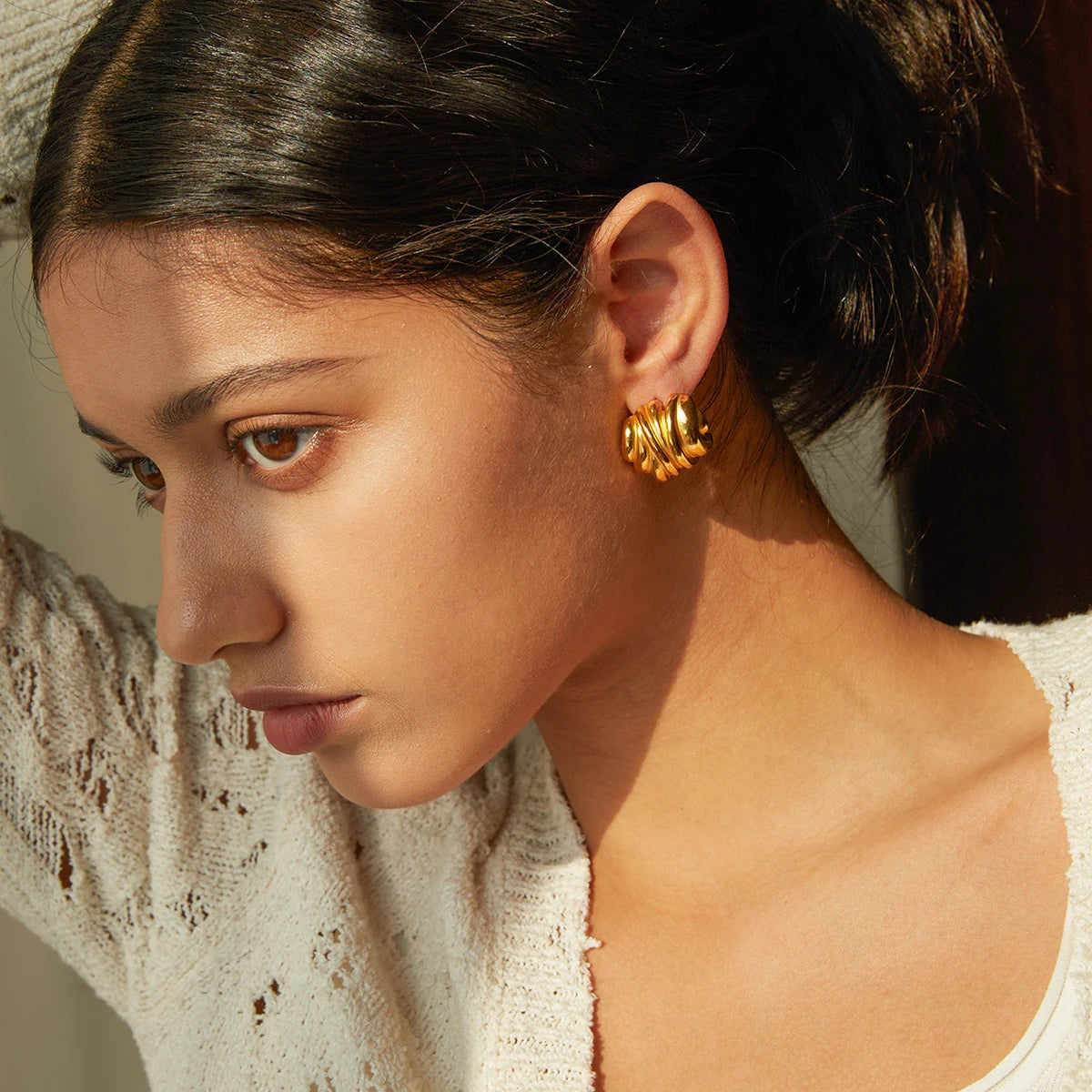 18k Gold Light Cozy Stainless Steel Plated Line Wrinkled Irregular Earrings Rust Proof Women Jewelry Bijoux Femme Gala Gift