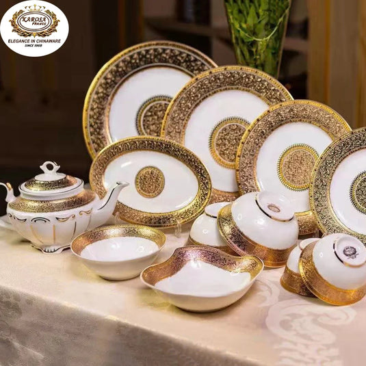 Ensemble de vaisselle de luxe doré de style royal Karosa 98 pièces en porcelaine anglaise