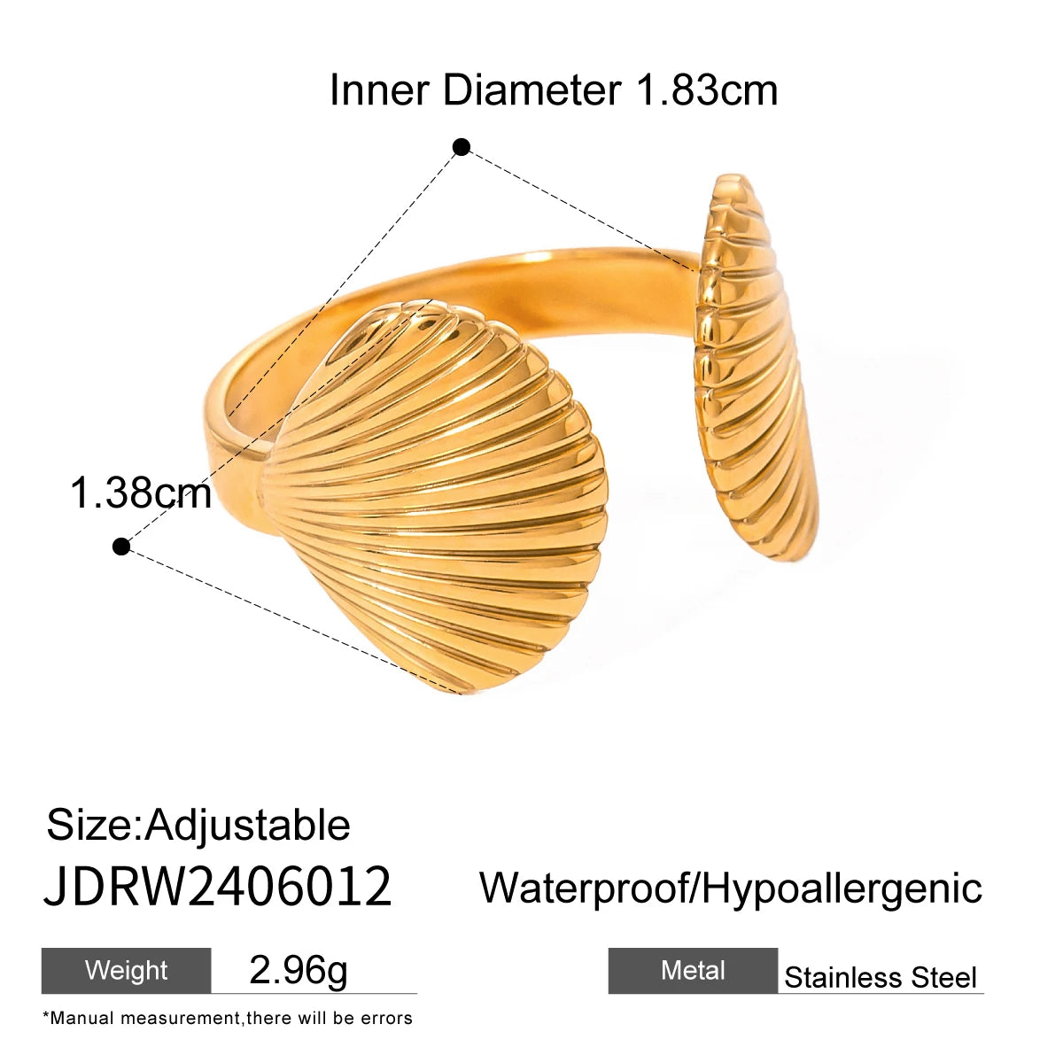 Muschelschalenstrukturierte 18K goldbeschichtete Zwei-Muschel-Öffnungsringe aus Edelstahl, klobiger, anlaufsicherer Damenmode geometrischer Ring