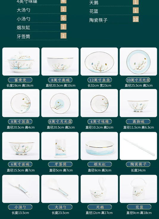 Jingdezhen New Chinese Ceramic Bowls, Dishes, Bone Porcelain Tableware, Bowls, Chopsticks Set, Household Use