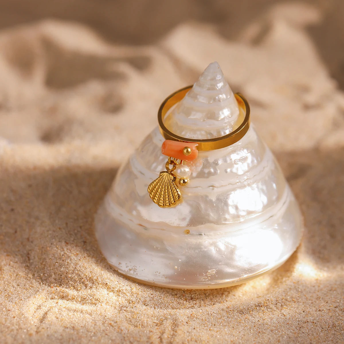 Zora Boho Ocean Style Adjustable Open Ring Gold Plated Stainless Steel Coral Freshwater Pearl Shell Charm Beach Jewelry Gift