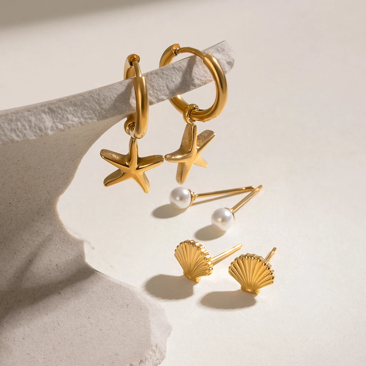 3 par pr. kort rustfrit stål shell perle ribbet shell glat søstjerne vedhæng øreringe kvinder 18K rustfrit stål smykker