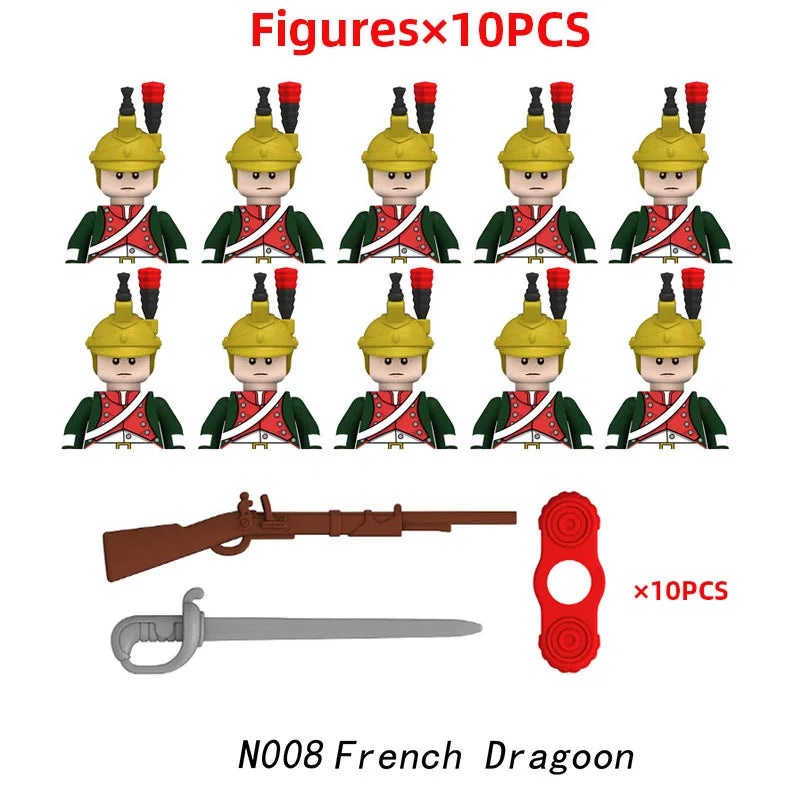 10pcs Napoleonic Wars Military Soldiers Building Blocks WW2 Mini Figures French British Fusilier Rifles Weapons Toys For Kids