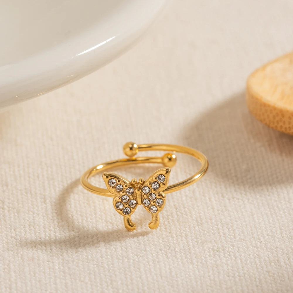 Vintage roestvrijstalen vlinder ingelegde strass open ring eenvoudige creatieve verstelbare sieraden cadeau voor vrouwen Anillos Mujer