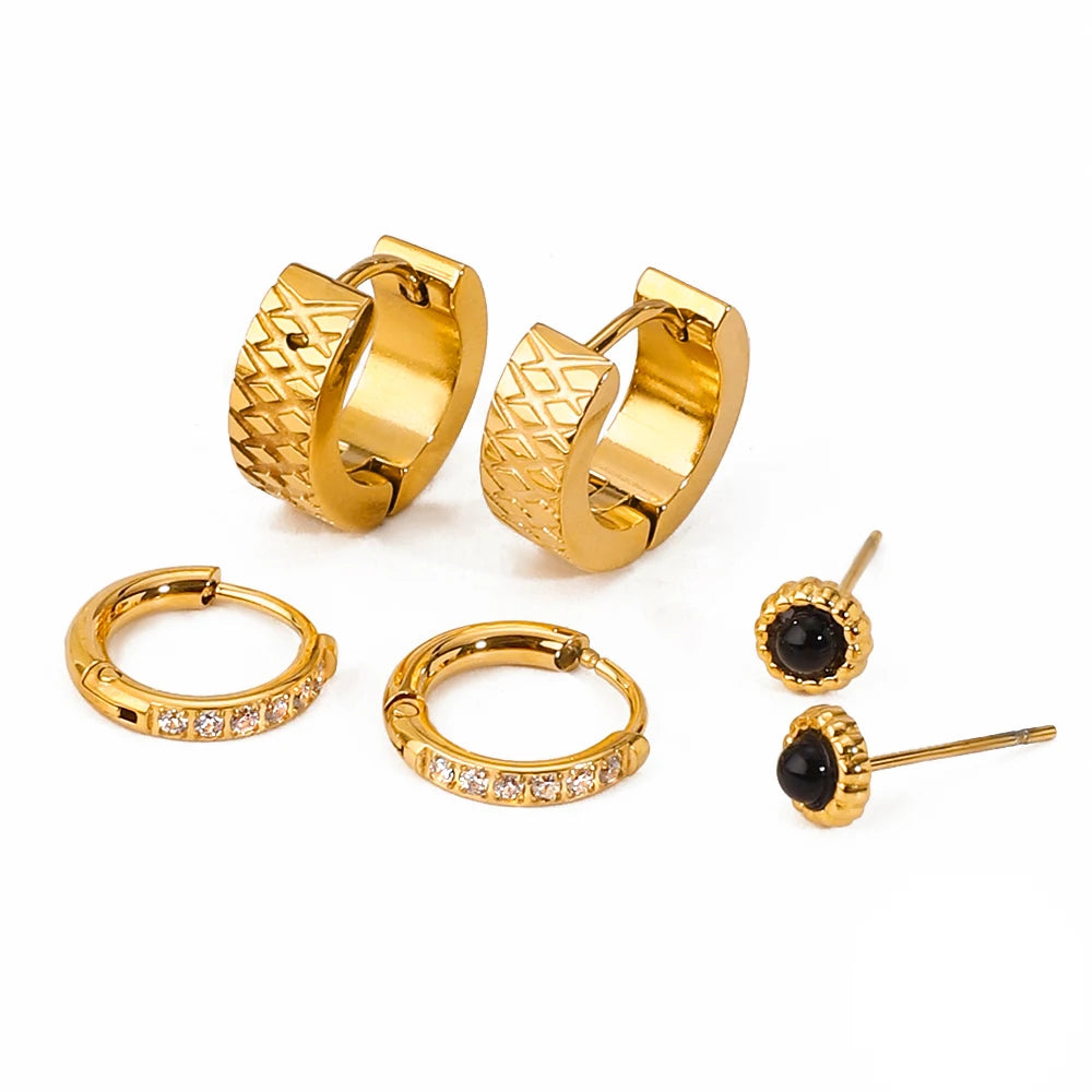 3 Pairs Per Card Stainless Steel Black Agate White Rhinestone Earrings 18K PVD Plated Anti Allergic Rust Proof Jewelry