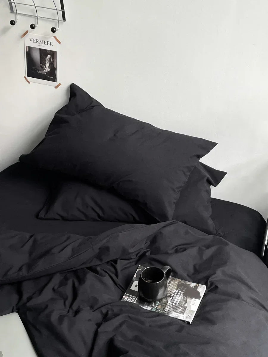 Hot Sale Washed Cotton Black Comforter Bedding Sets Soft Skin-friendly Black Duvet Cover Sets Bedroom Bed Cover Set