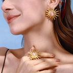 Pendientes y anillo para mujer con piedra de ojo de gato y patrón de sol, de acero inoxidable chapado en oro de 18k, antialérgicos, a prueba de óxido, joyería elegante