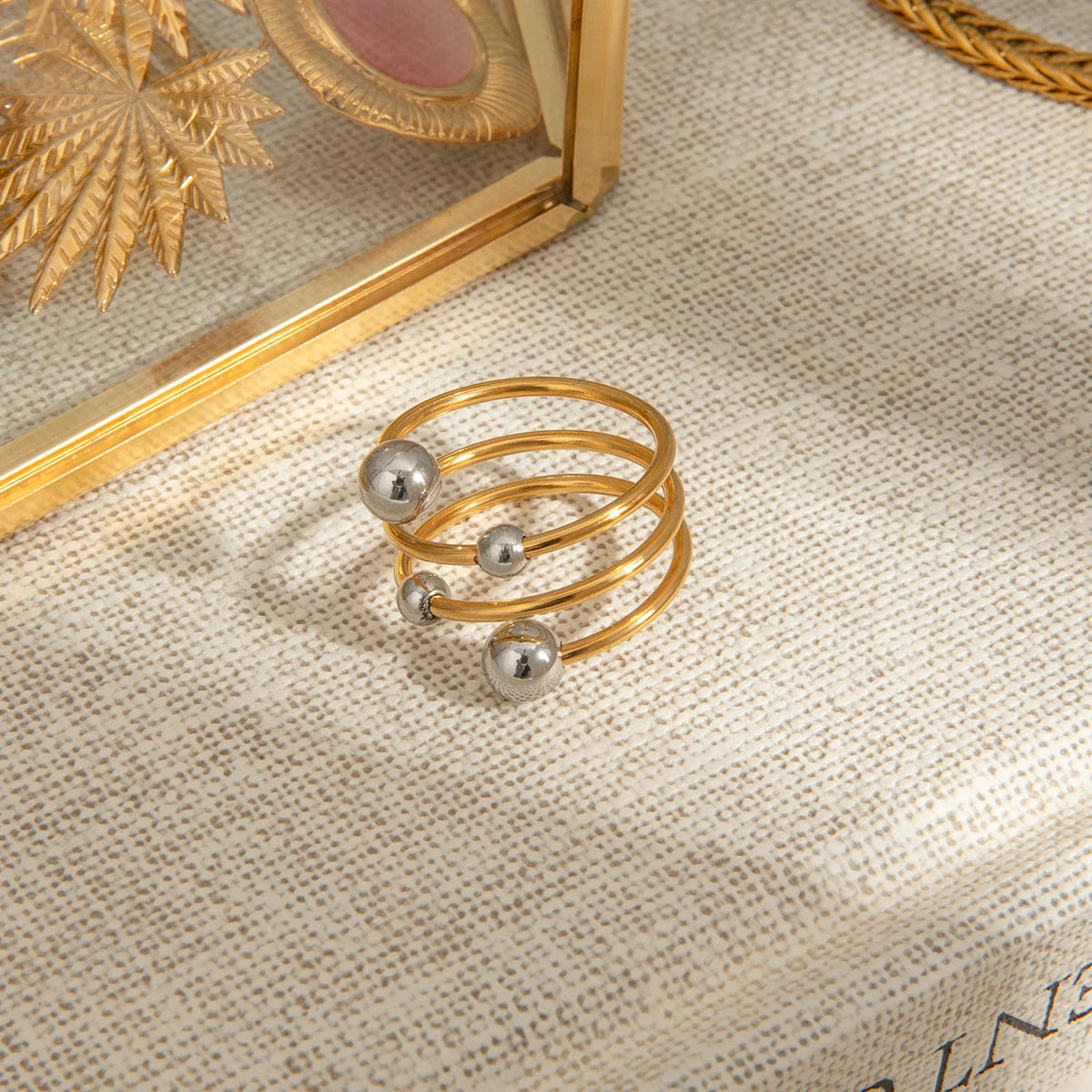 Gold Silver Color Matching Ball Three layer Opening Ring 18K PVD Plated Women Anti Allergic Metal Charm Daily Jewelry