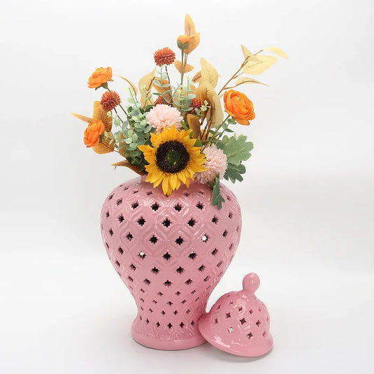 Pink Hollow General Jar Ceramic Ginger Jar Vase Candy Storage Jar Art Decorative Tank Flower Arrangement Home Craft Decoration