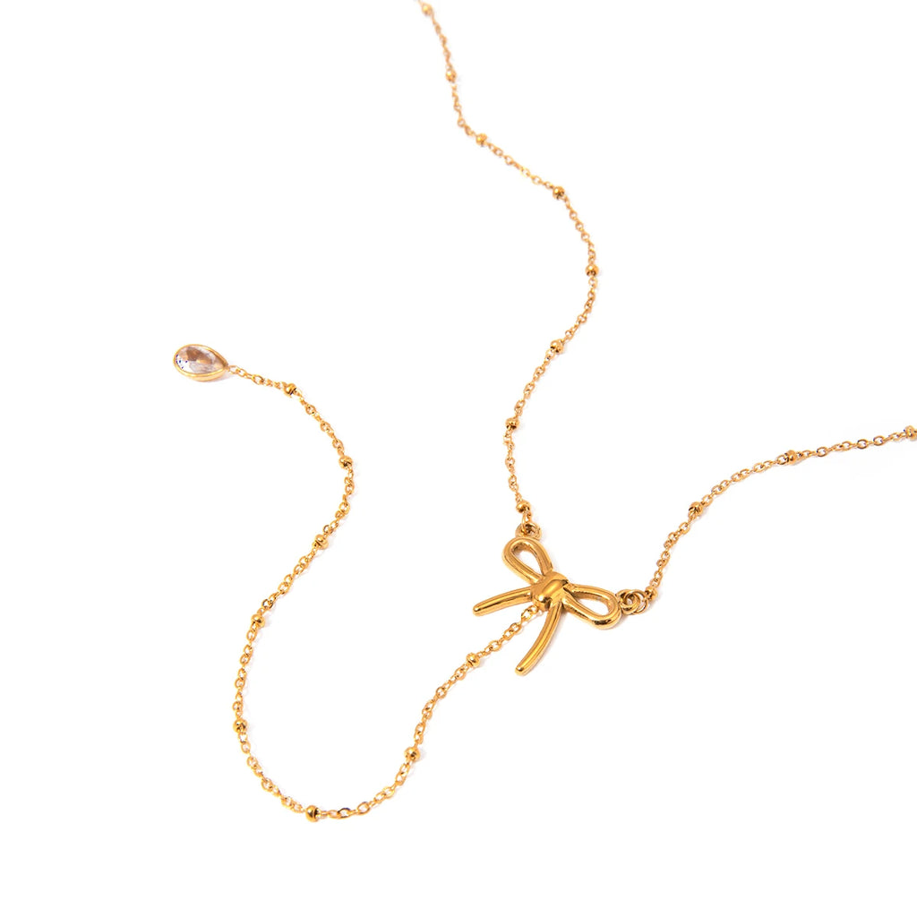 18K PVD-belagt Trendy Rustfrit Stål Delikat Bowknot Y Halskæde Kæde Kvinder Vandtæt Højkvalitets Charm Stilfulde smykker