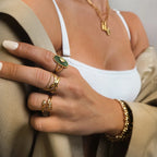 Vintage Oval Design Natural Stone Open Ring For Women Exaggerated Stainless Steel Waterproof Adjustable Jewelry Gift