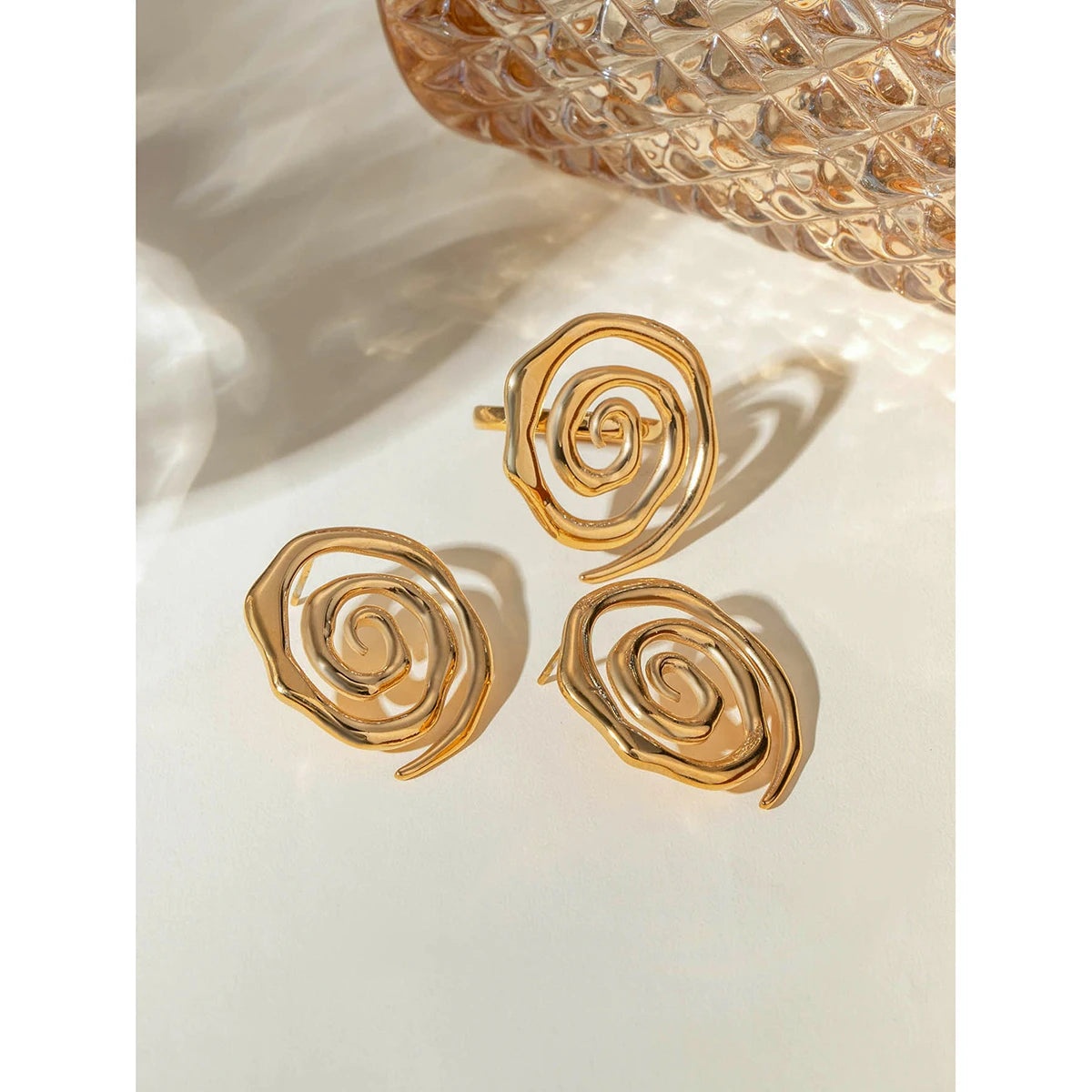 18K PVD Plated Trendy Stainless Steel Round Threaded Earring Ring Set Charm Jewelry Waterproof for Women Gala Gift - Grand Goldman