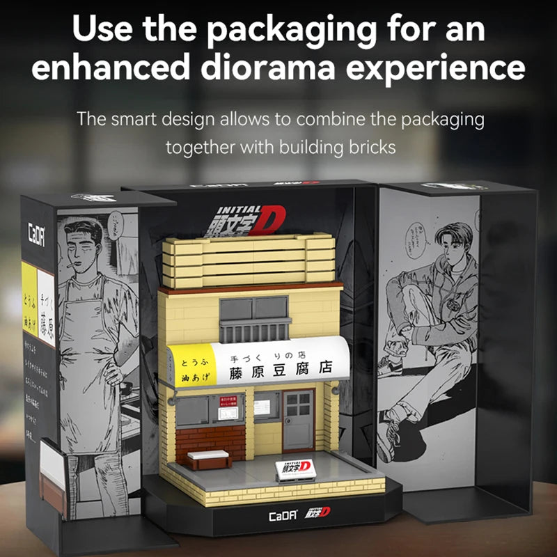 Cada Anime Initial D Tofu Shop House Model Building Blocks City Japanese Racing Car Parking Lot Bricks Toys Kid Gifts With LED