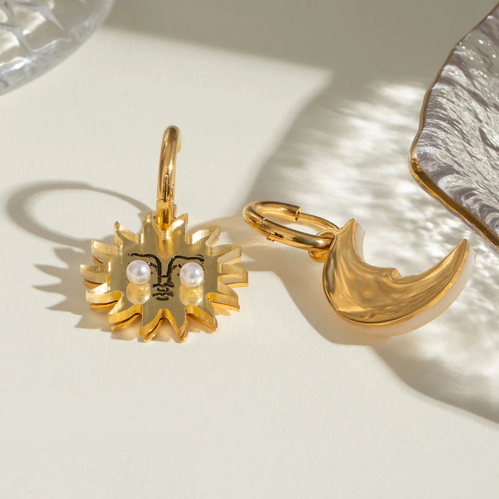 Minimalist 18K Beach Stainless Steel Sun Moon Plate Shell Pearl Hoop Earrings Women Anti Allergic Elegant Charm Daily Jewelry