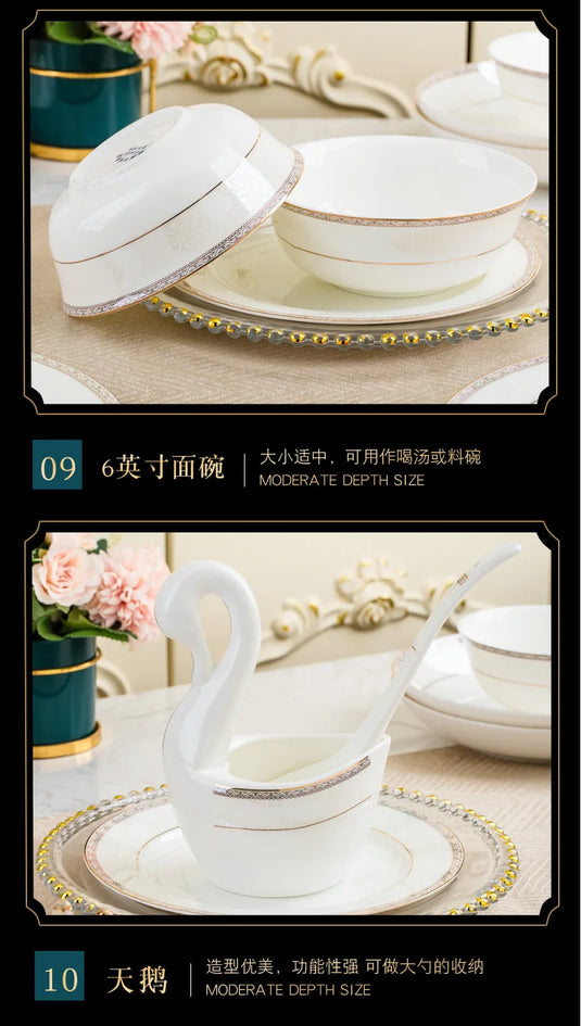 Vaisselle en porcelaine à 56 têtes avec bordure dorée simple de style européen Jingdezhen, combinaison de bol et d'assiette en céramique