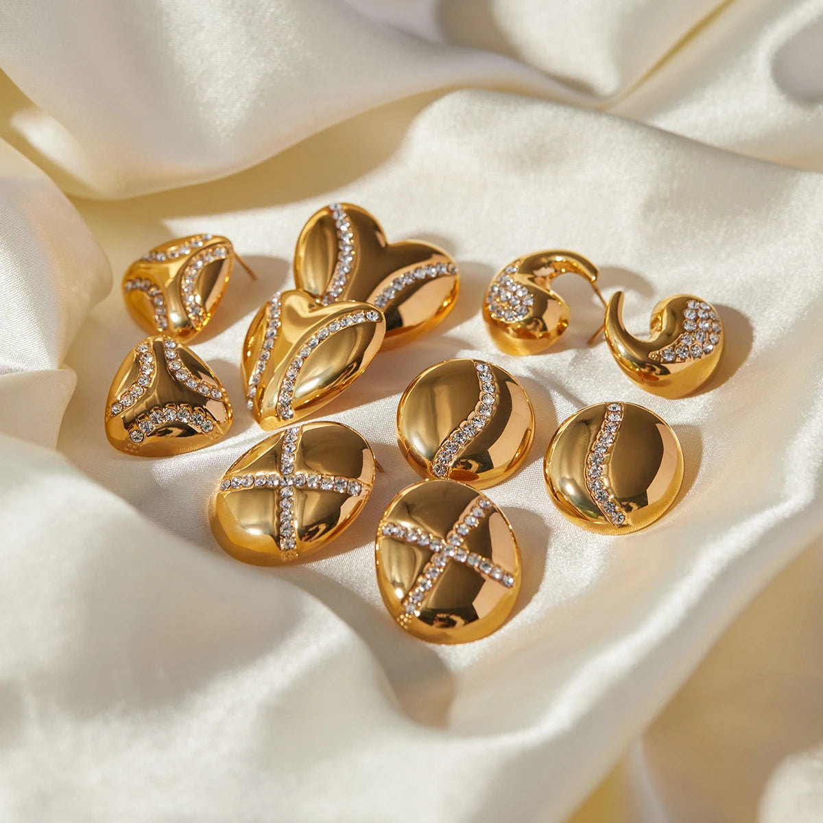 Kvinder rustfrit stål metal øreringe Indlæg Rhinestone Statement 18k guldbelagt tekstur Geometrisk Chunky øreringe Festgave