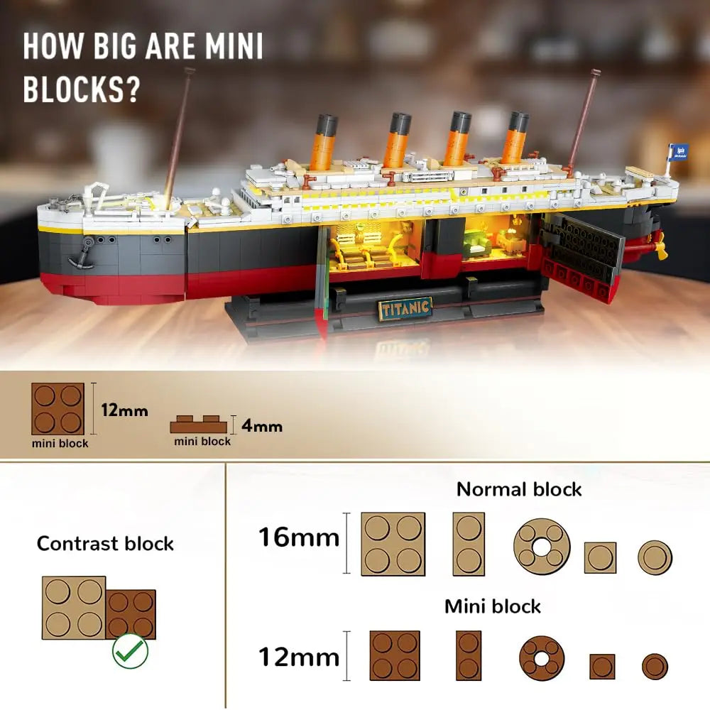 Titanic Building Set with LED-2 in 1 Titanic Ship Mini Block Ship Model with Glacier Display Stand Toy Gift for Adults Kids10+