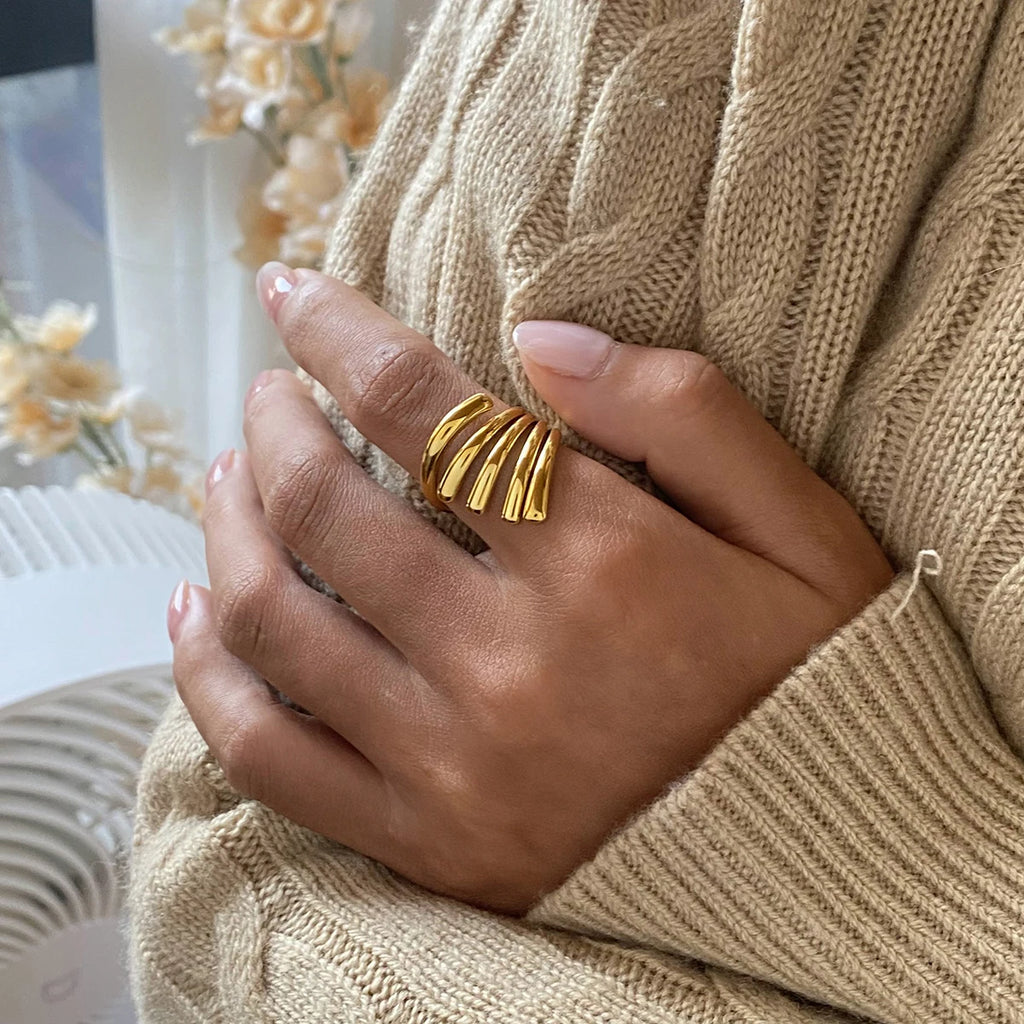 18K Goud Vergulde Roestvrijstalen Metaal Geometrische Onregelmatige Lijnen Open Ring Dagelijks Dames Metaal Textuur Modieuze Charme Sieraden Bijoux