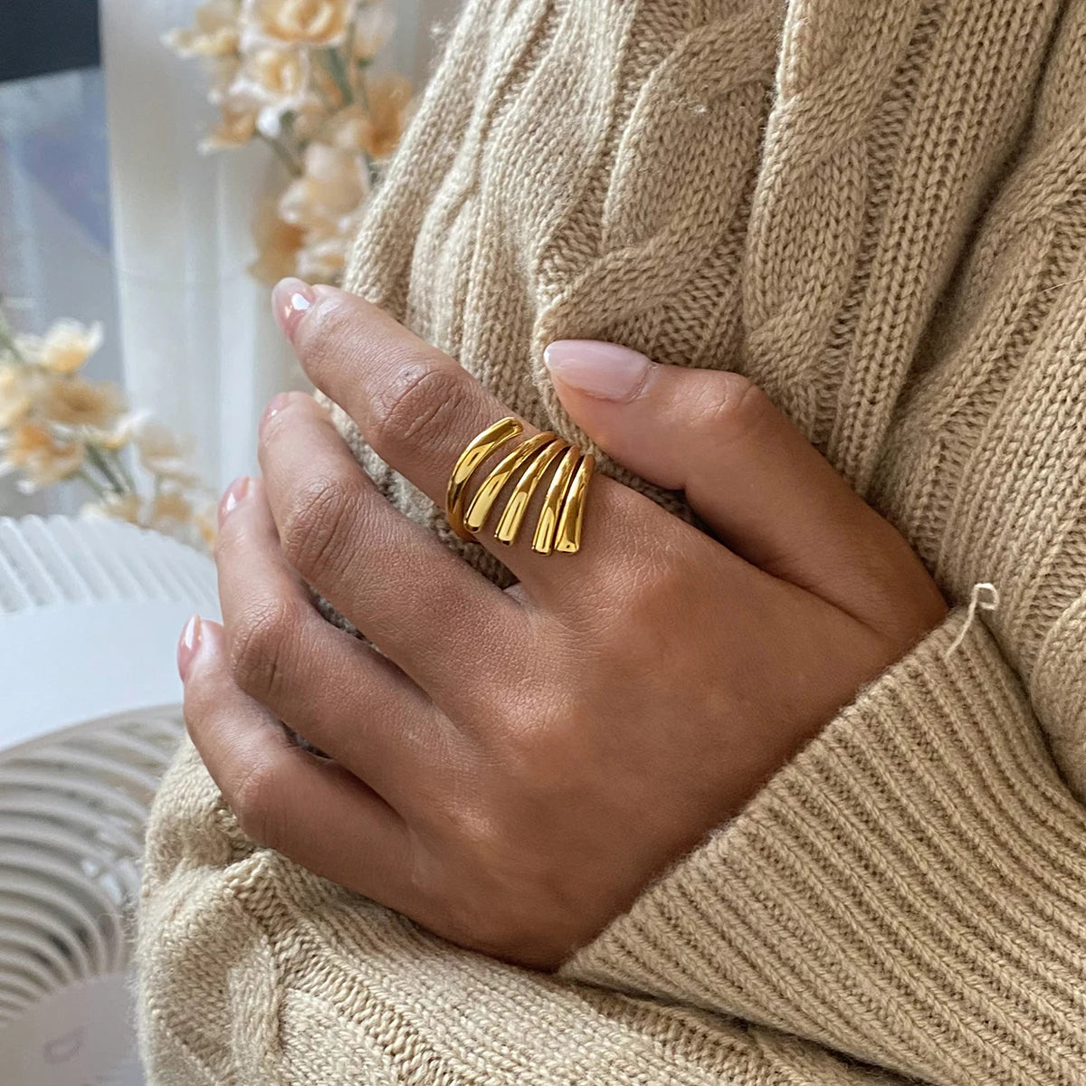 18K Goud Vergulde Roestvrijstalen Metaal Geometrische Onregelmatige Lijnen Open Ring Dagelijks Dames Metaal Textuur Modieuze Charme Sieraden Bijoux