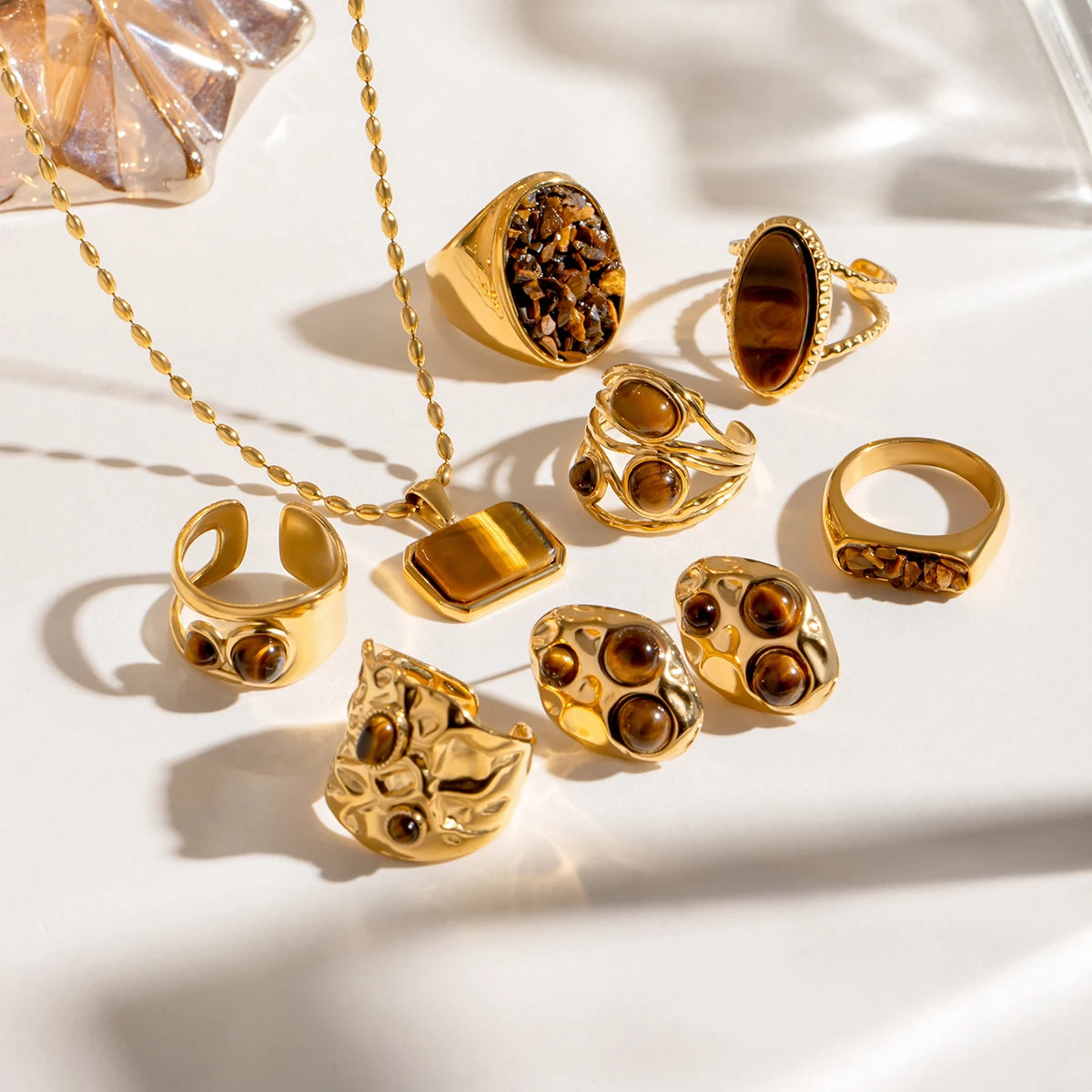 Boucles d'oreilles en acier inoxydable plaqué or 18 carats avec pierre naturelle œil de tigre incrustée, série collier, bijoux femme étanches