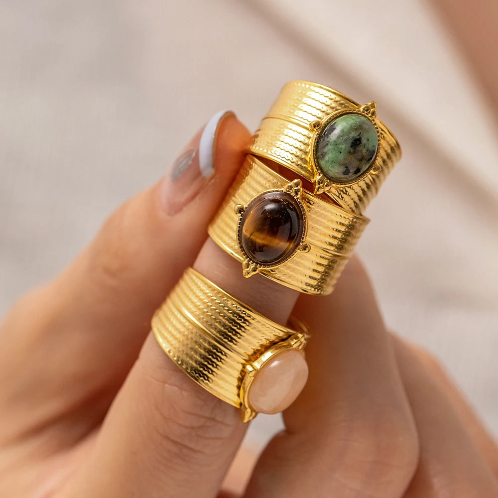 Кольцо из нержавеющей стали с натуральным зеленым тигровым глазом, открытое, эффектное, золотое, покрытие 18 карат, кольцо bague acier inoxydable, подарок, новое