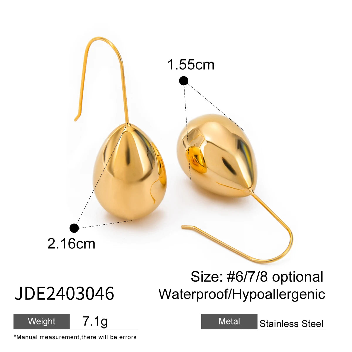 16K PVDメッキステンレススチール中空ウォータードロップイヤーフックイヤリング防水トレンディ女性精巧なジュエリービジュー女性用