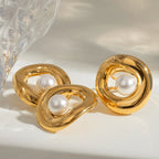 18K vergoldeter Edelstahl Metall gewebt modische Imitationsperle hohl glatt Ohrring Ring täglicher Charme für Frauen Schmuck