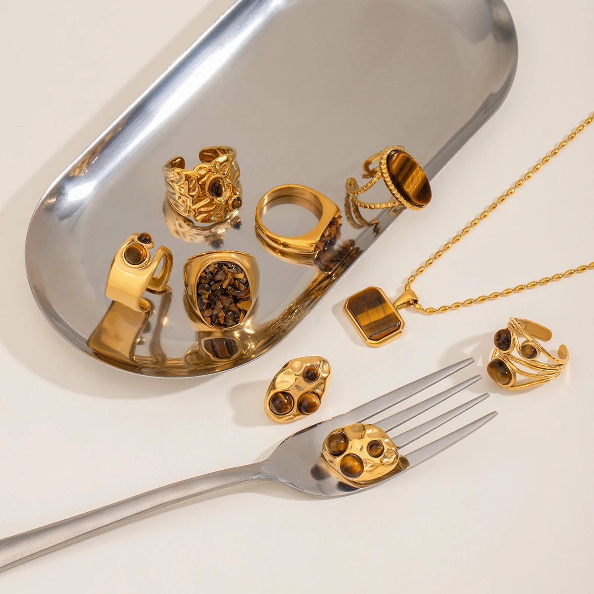 18k forgyldt rustfrit stål indlagt natursten Tigereye øreringe Halskæde serie Bijoux Femme vandtætte smykker