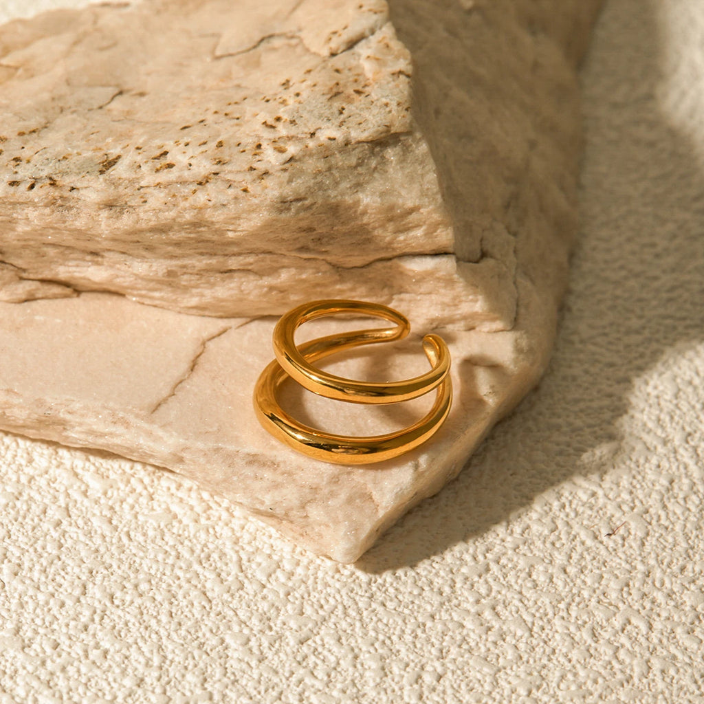 18k vergoldeter, stilvoller, einzigartiger, einfacher, geometrischer, goldener, doppellagiger Öffnungsring aus Edelstahl für Frauen, anti-distinktiver Schmuck